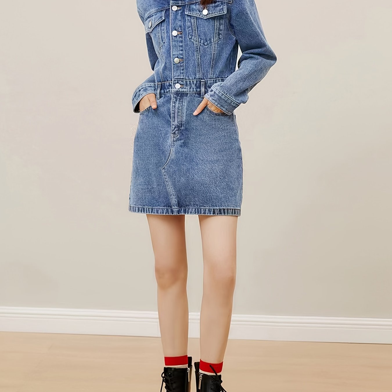Flap Pockets Denim Dress Long Sleeve Single Breasted Button Dress