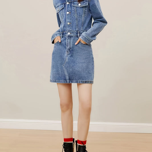 Flap Pockets Denim Dress Long Sleeve Single Breasted Button Dress