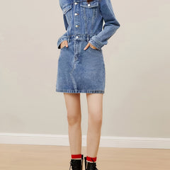 Flap Pockets Denim Dress Long Sleeve Single Breasted Button Dress