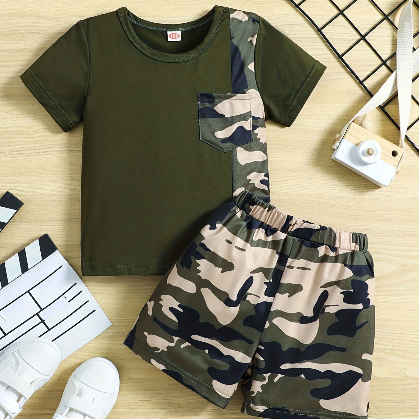 Boys Camo Outfit Short Sleeves Round Neck T shirt & Shorts Casual Summer Kids