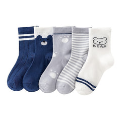 5 Pairs Kids Bear Pattern Striped Knitted Crew Socks