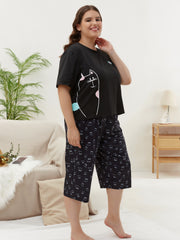 Women's Plus Cat Print Short Sleeve Top & Pants Home Wear Two Piece Set