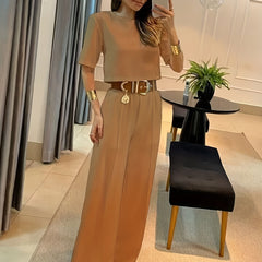Solid Two-piece Set Short Sleeve Top and Wide Leg Pants