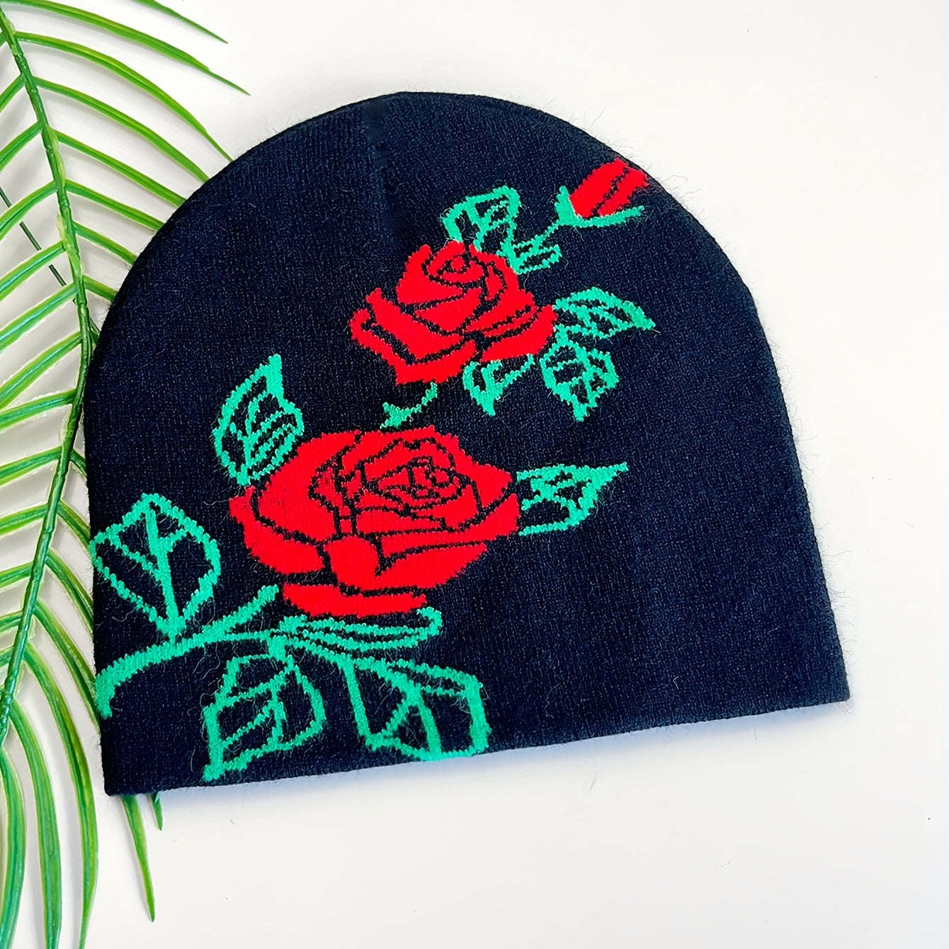 Red Rose Jacquard Beanie Hip Hop Knit Hat Elastic Windproof Warm Skull Cap