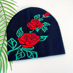 Red Rose Jacquard Beanie Hip Hop Knit Hat Elastic Windproof Warm Skull Cap
