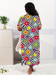 Checkered & Floral Print Tee Nightdress