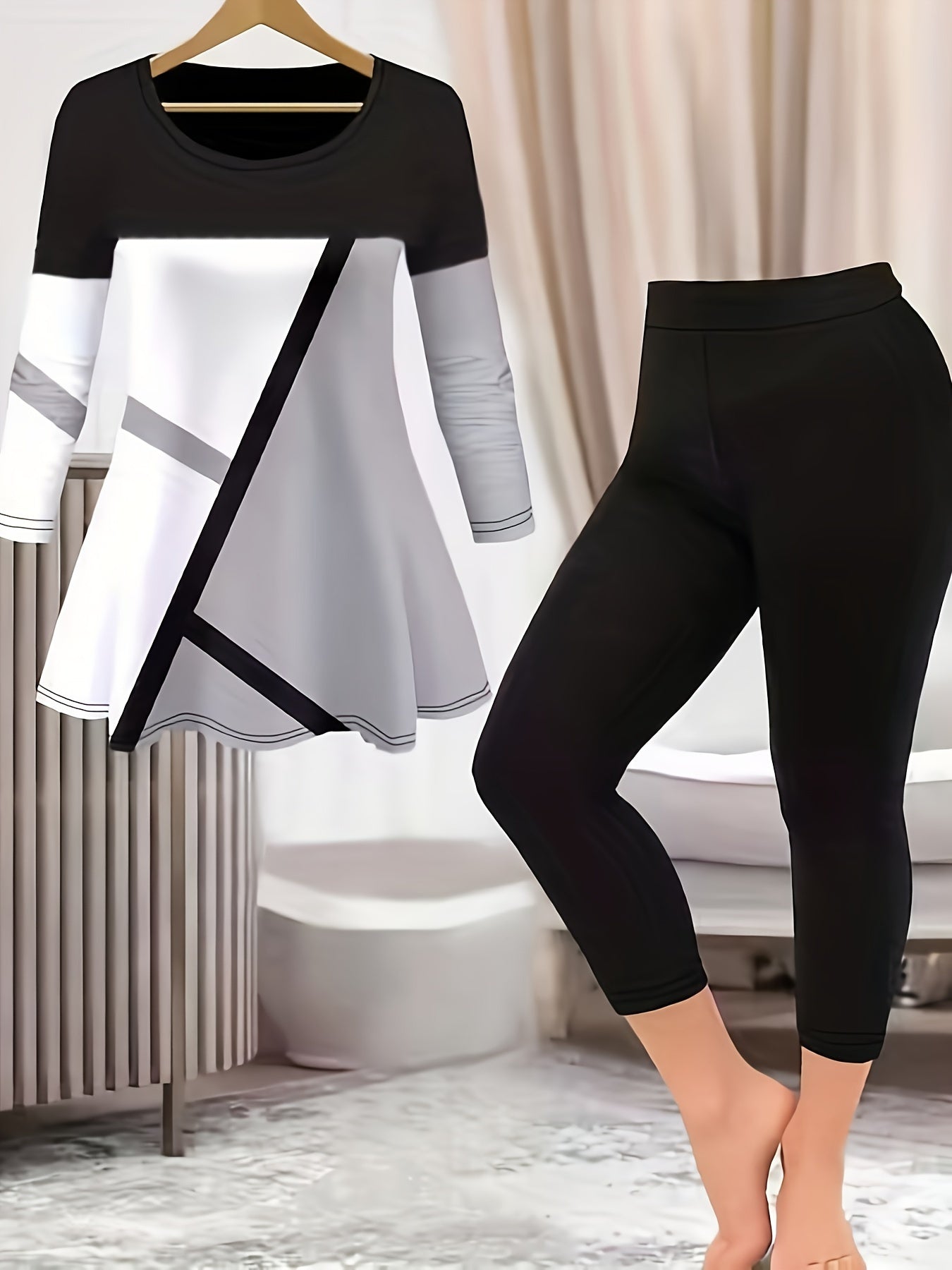 Colorblock Geo Print Peplum Top & Leggings Set