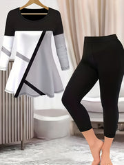 Colorblock Geo Print Peplum Top & Leggings Set