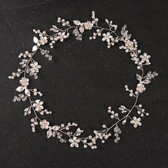 Long Flower Bridal Headbands Golden Silver Faux Pearl Crystal Hair Vines