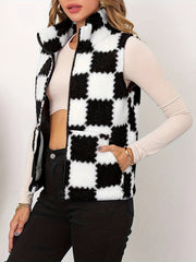 Plaid Zip Up Vest Jacket Casual Pockets Thermal Teddy Vest