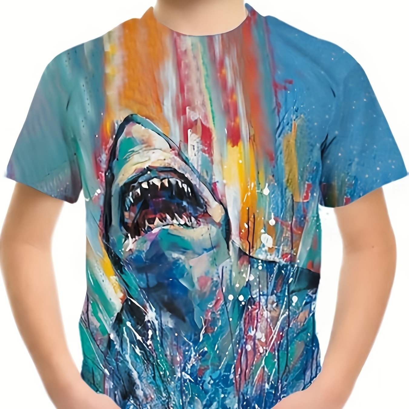 Shark Painting Print Tee Tops Boys Round Neck Casual Short Sleeve Comfortable