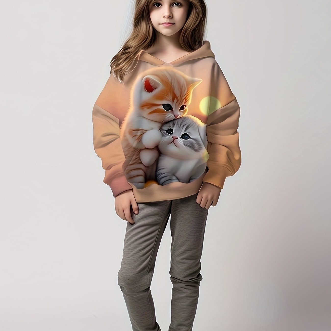 Girls Kitty Print Pocket Hoodies Pullover Spring Fall Sports Gift