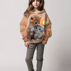 Girls Kitty Print Pocket Hoodies Pullover Spring Fall Sports Gift