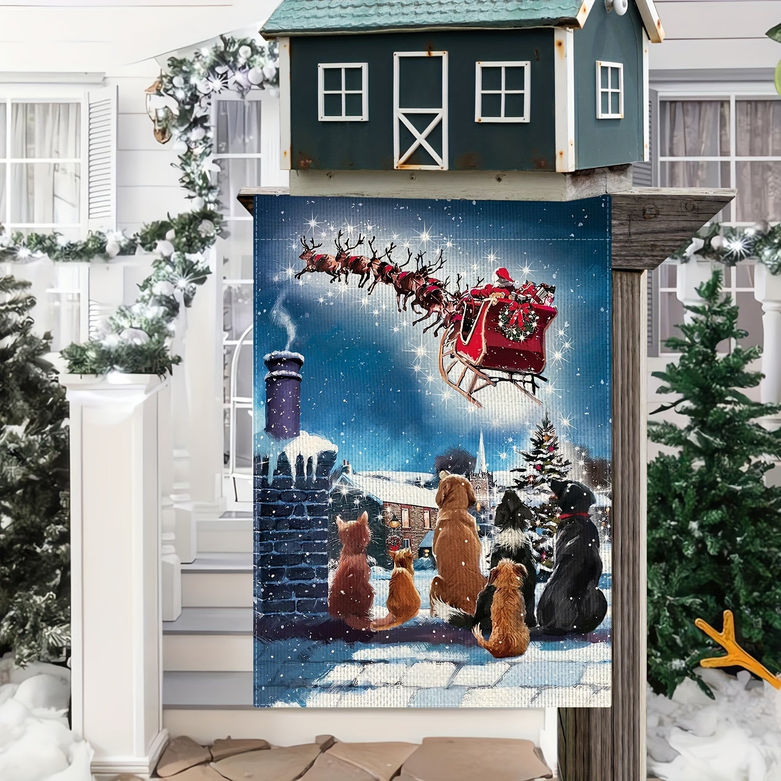 Christmas Garden Flag Cat Dog Santa Vertical Rustic Farmhouse Yard Decor 30x48