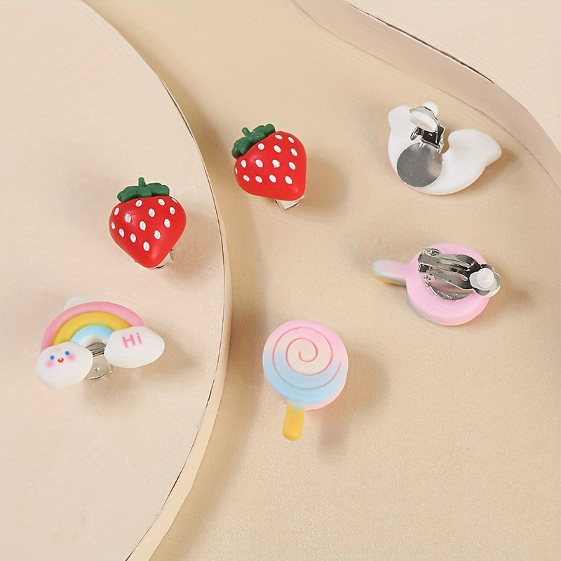 3 Pairs Rainbow & Strawberry Clip On Earrings Teen Party Accessories