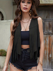 Western Hollow Out Fringe Trim Vest Jacket Casual Sleeveless Open Front Vest