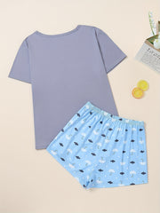Women's Letter Print Pajama Set Crew Neck Top & Shorts