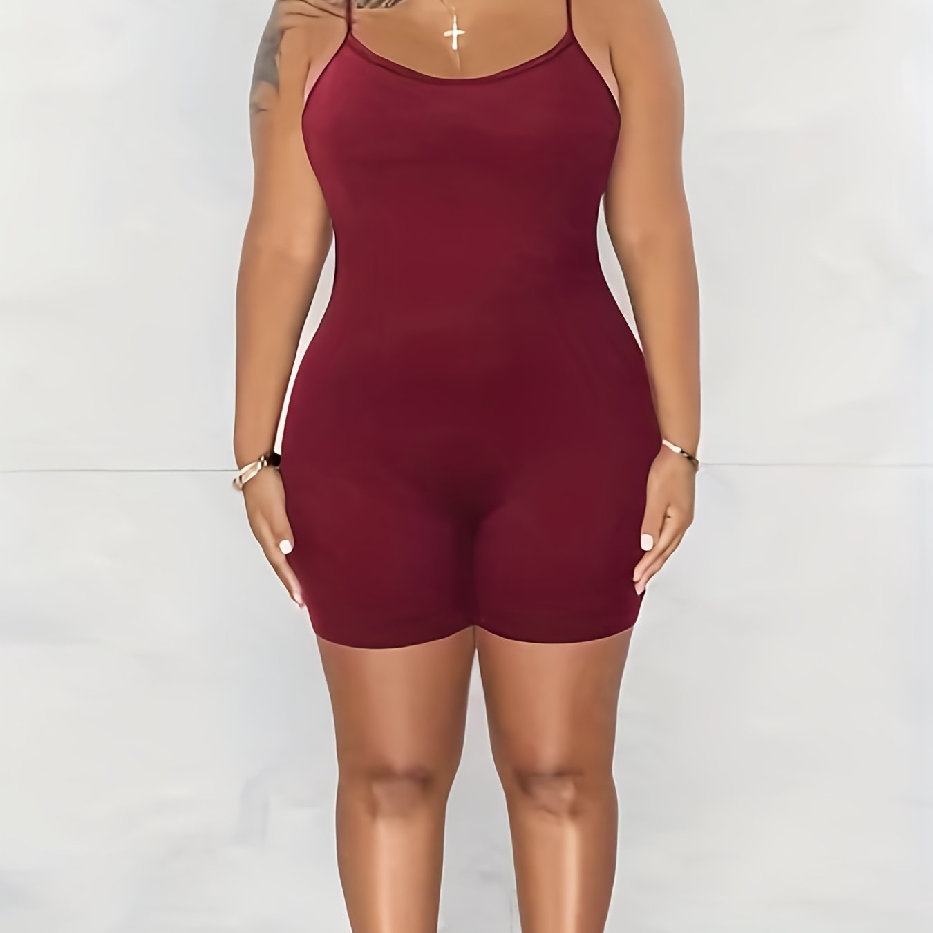 Basic Cami Romper Solid Round Neck Medium Stretch Skinny