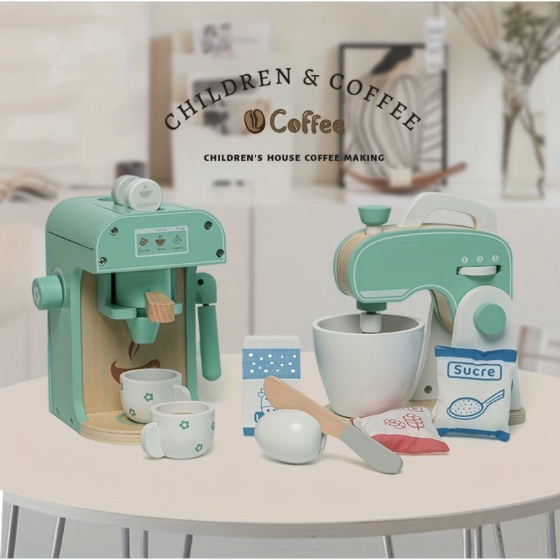 Wooden Kids Kitchen Play Accessories Toy Set Coffee Maker Blender Pretend Play