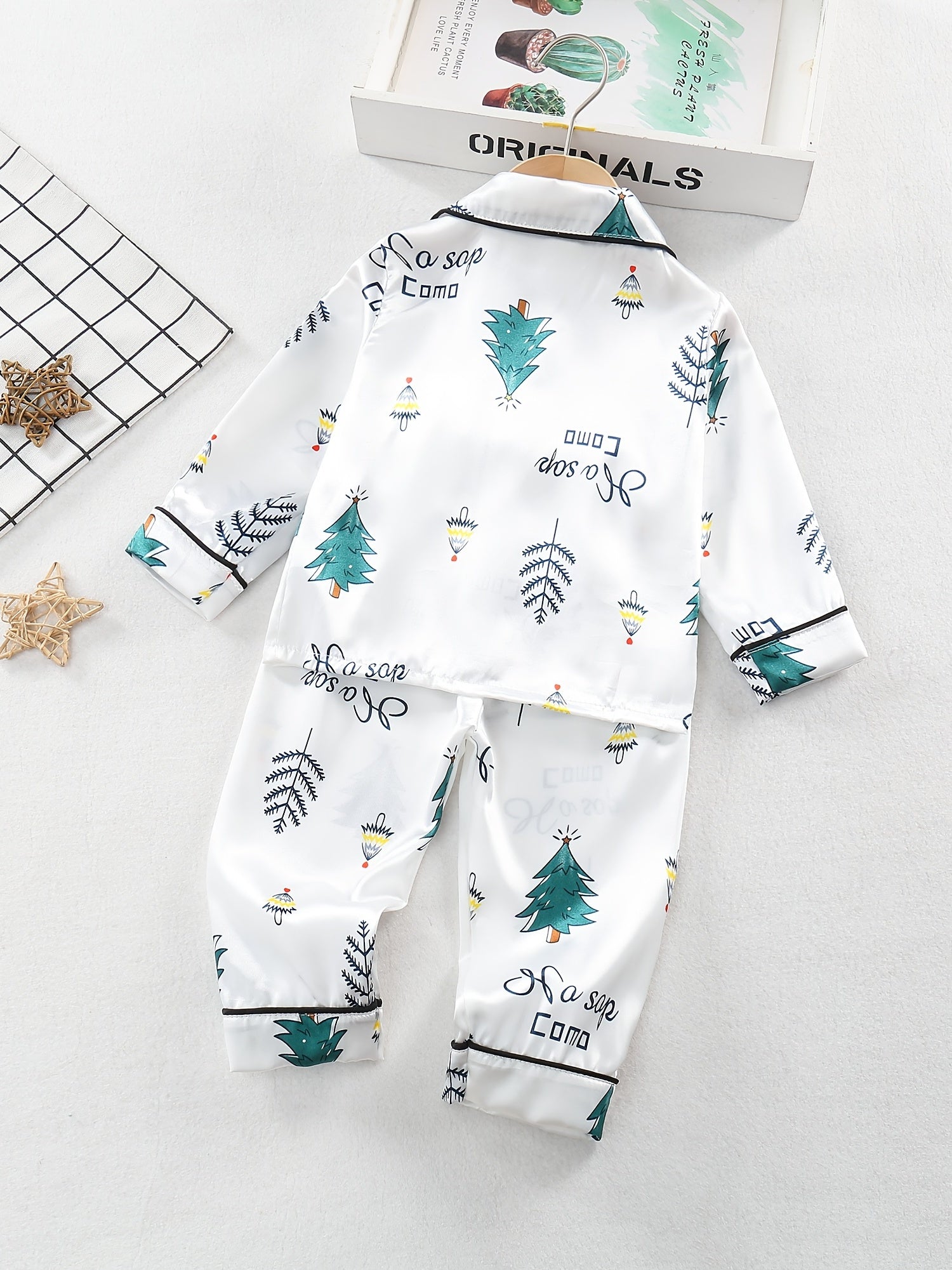 Girl's Satin Christmas Tree Pajama Set Button Front Top & Pants