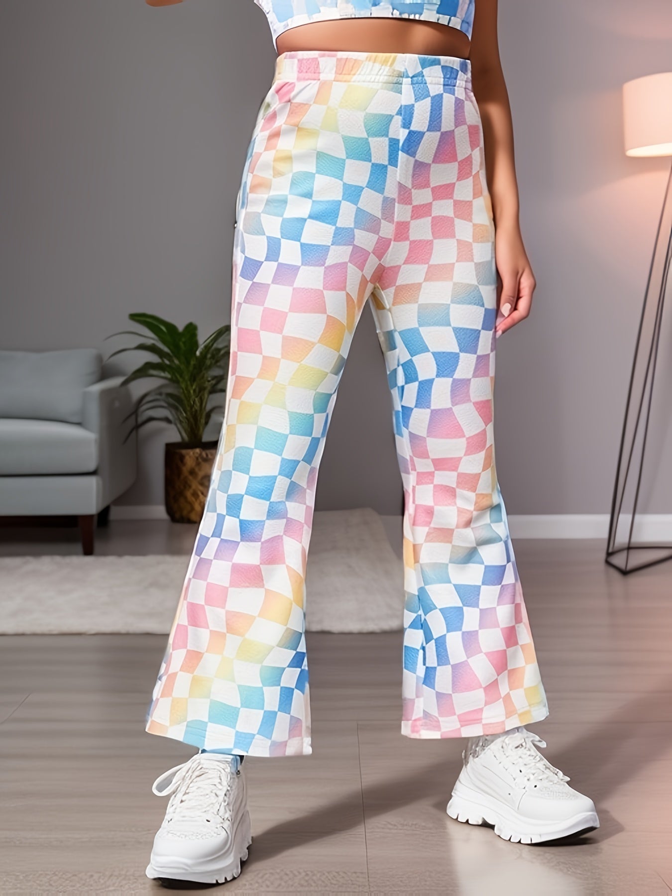 Girls' Colorful Plaid Bell Bottom Pants For Casual Street