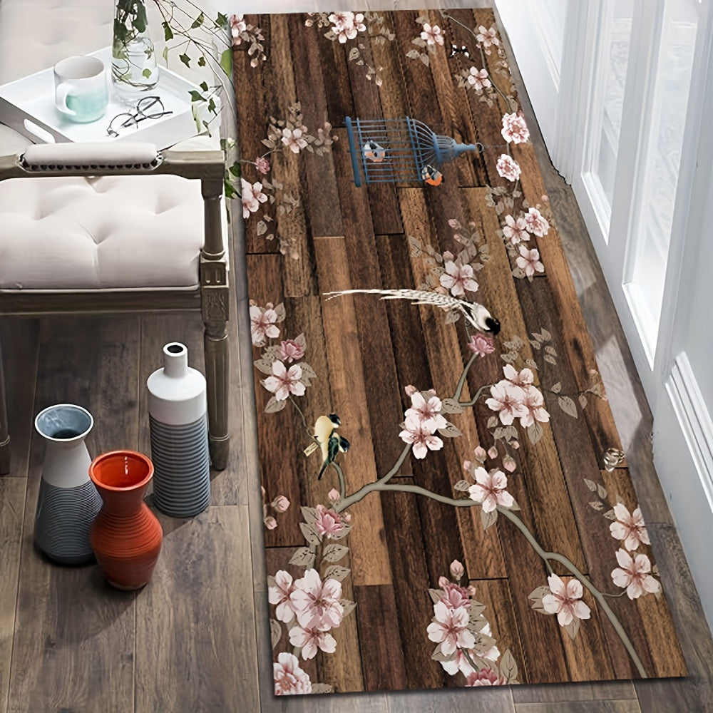 Wooden Striped Area Rug Flower And Bird Pattern Carpet Machine Washable