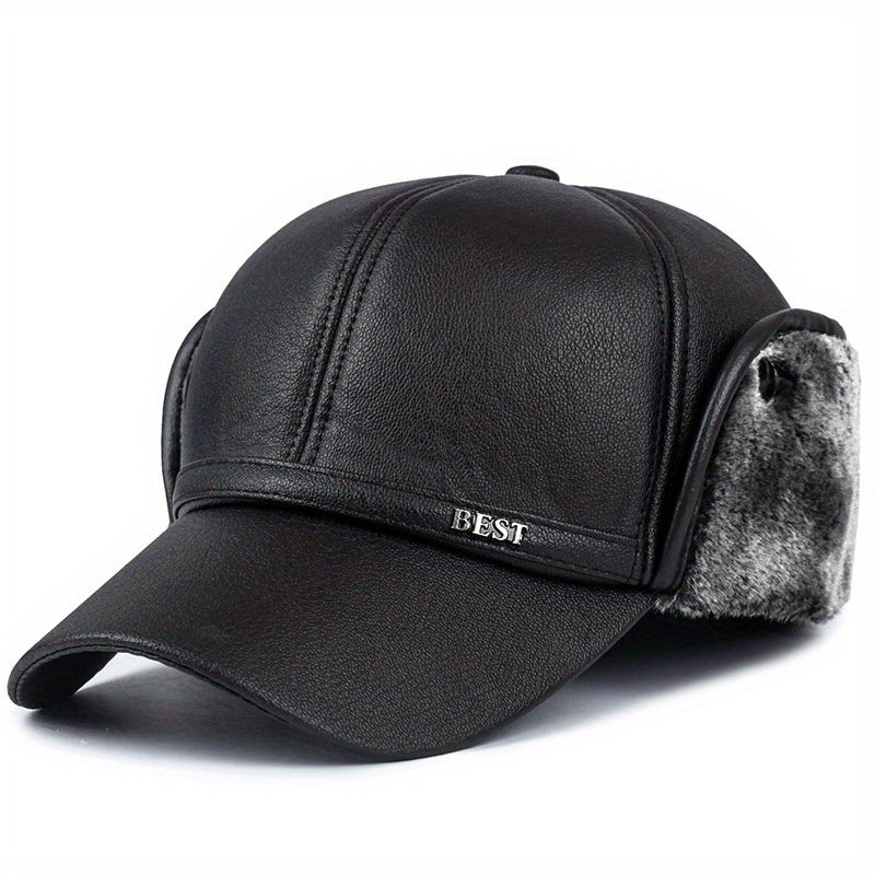 Men's Winter Velvet PU Leather Baseball Cap Outdoor Warm Hat