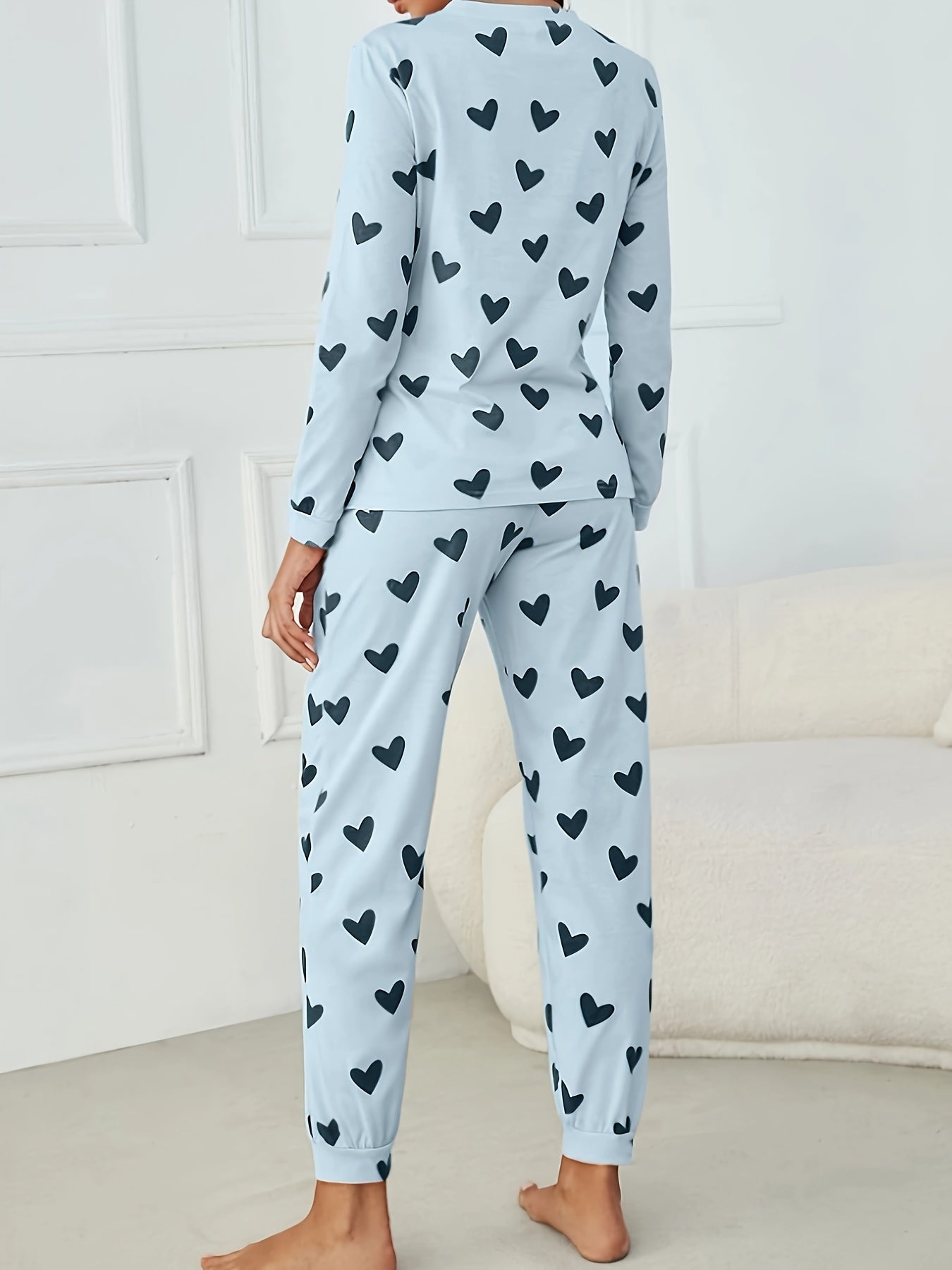 Heart Print Pajama Set Long Sleeve Top & Pants Women's Sleepwear