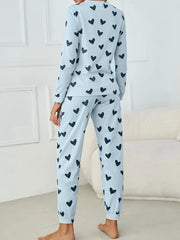 Heart Print Pajama Set Long Sleeve Top & Pants Women's Sleepwear