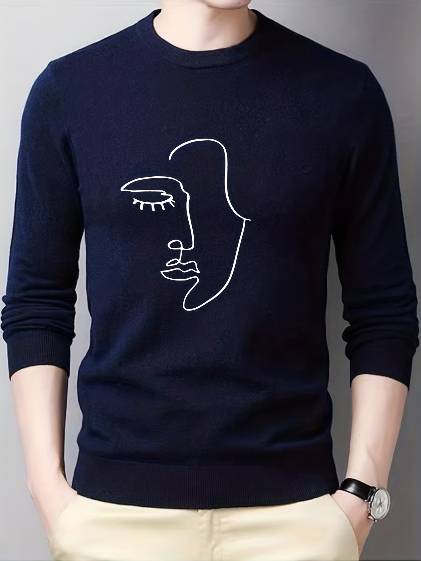 Abstract Face Painting Print Knitted Sweater Men's Warm Crew Neck Pullover