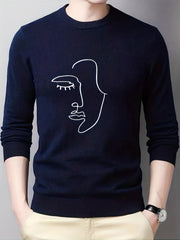Abstract Face Painting Print Knitted Sweater Men's Warm Crew Neck Pullover