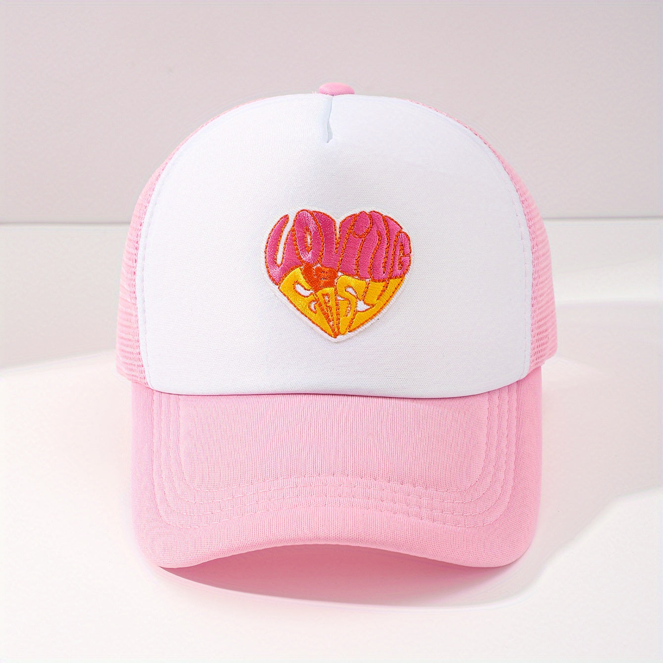 Pink Heart Embroidery Trucker Hat Cartoon Mesh Baseball Cap