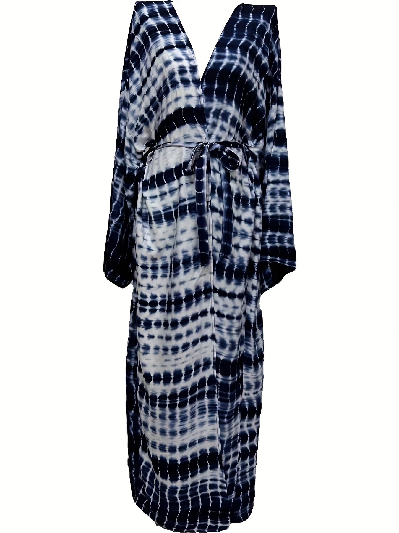 Tie Belt Long Sleeve Kaftan Cover Up Loose Fit V Neck Robe Dress
