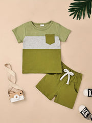 2pcs Baby Boys Block Pocket Patched T shirt & Shorts Set Clothes