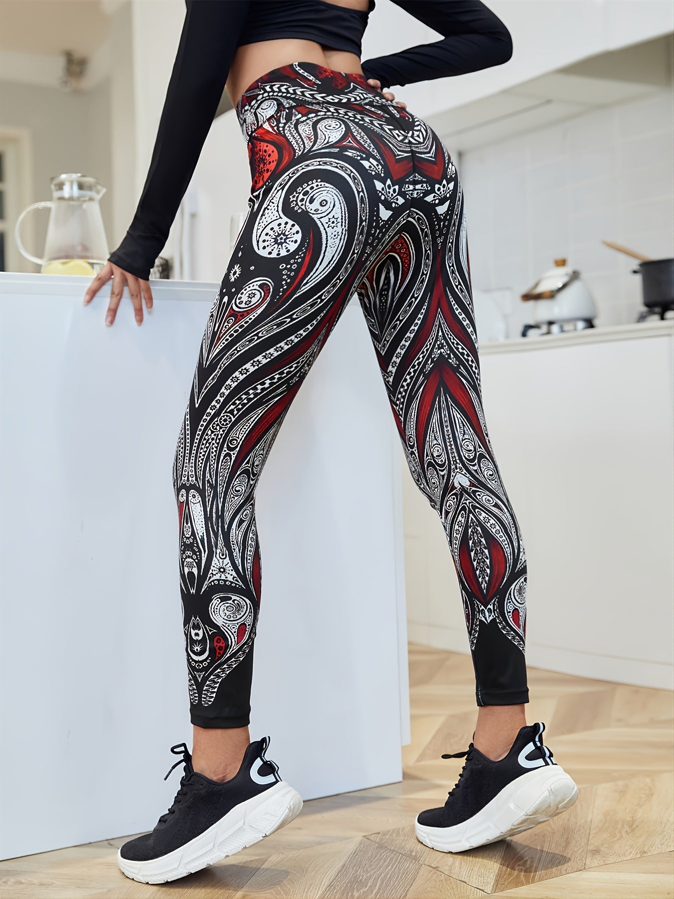 High Waisted Digital Print Leggings with Stripe Detail