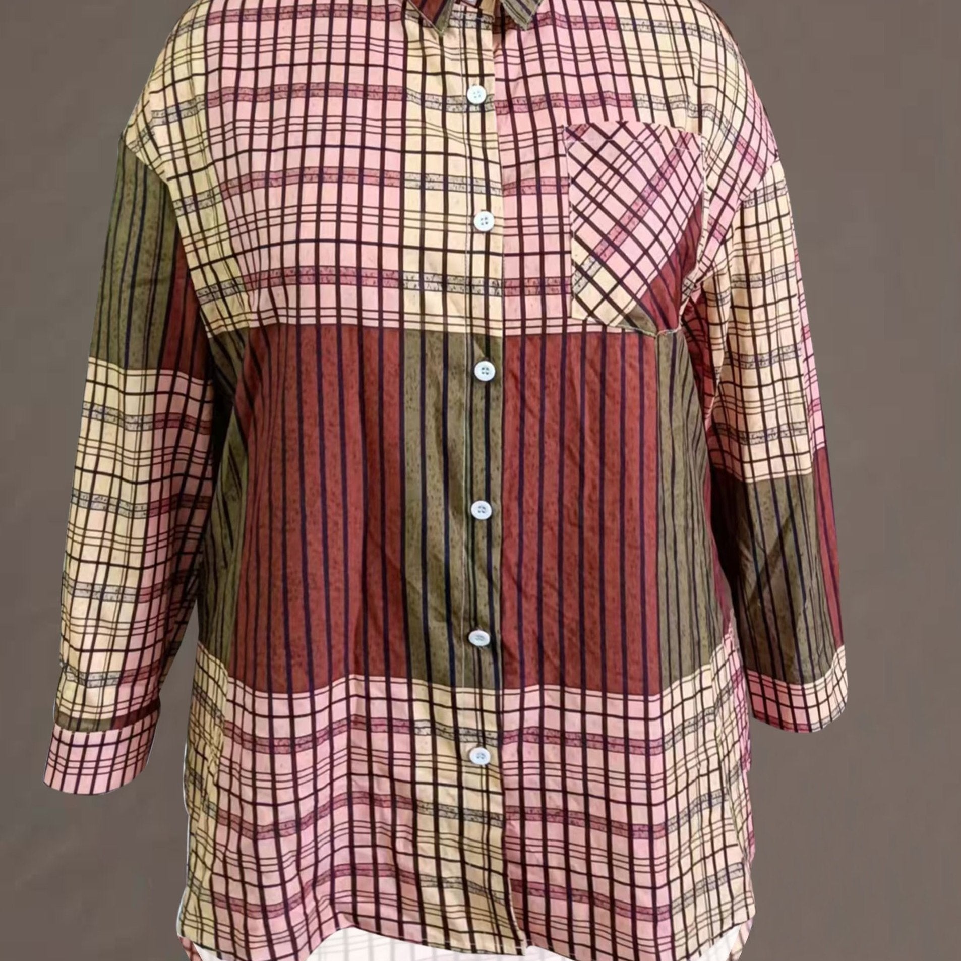 Colorblock Plaid Blouse Long Sleeve Button Up