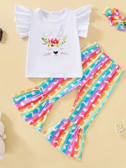 Girls Bunny Graphic 2pcs Outfits with Stripped Flare Pants