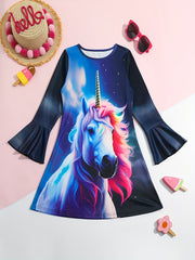Dreamy Unicorn Graphic Crew Neck Long Sleeve Dress For Girls