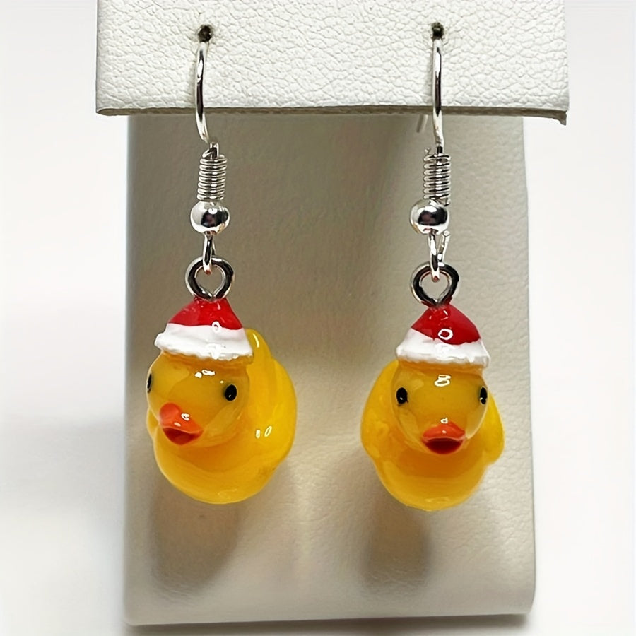 1pair Christmas Hat 3D Yellow Duck Earrings Resin DIY Jewelry Gift