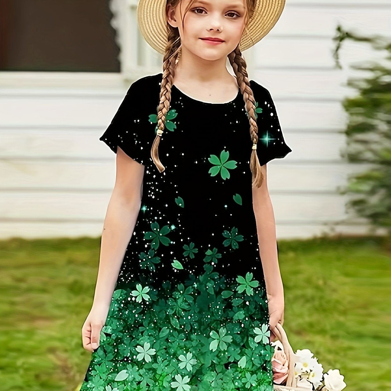 Shamrock Print Crew Neck Short Sleeve Dress