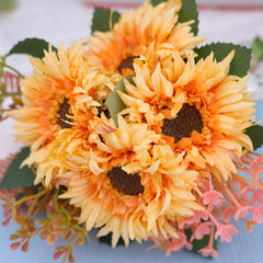 Boho Sunflower Bridal Bouquet, Handcrafted Leaves, Ribbon, Wedding Accessory