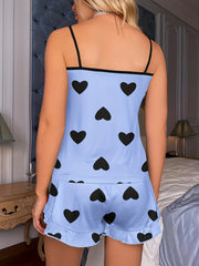 Heart Print Pajama Set Cami Top & Ruffle Shorts Women's Sleepwear