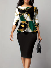 Baroque Print Peplum Top & Midi Skirt Set