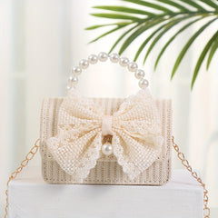 Straw Crossbody Bag Faux Pearl Beaded Handbag