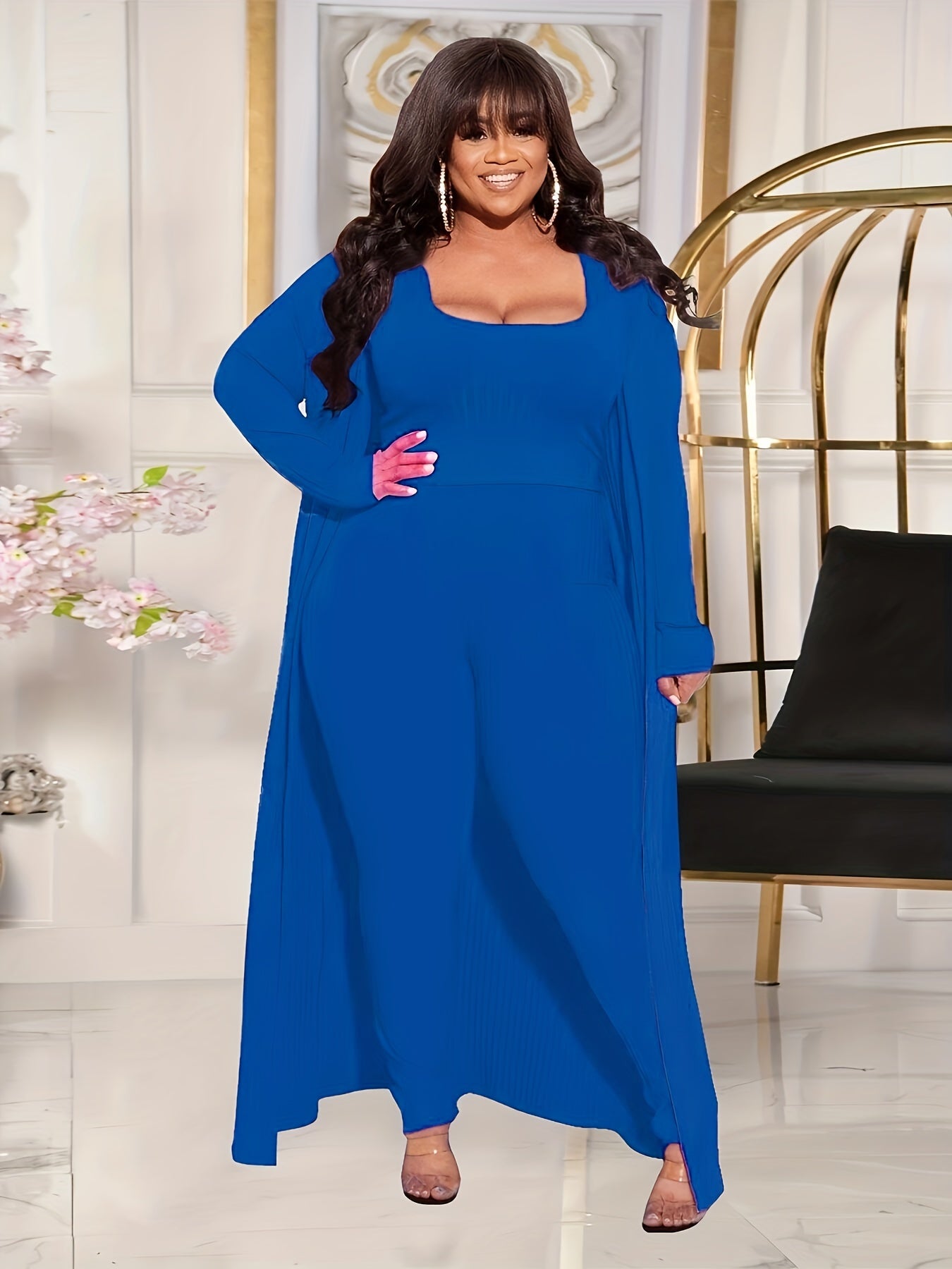 Solid Ribbed Cardigan, Top & Pants 3-Piece Set