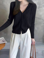 Solid V Neck Button Up Cardigan for Women