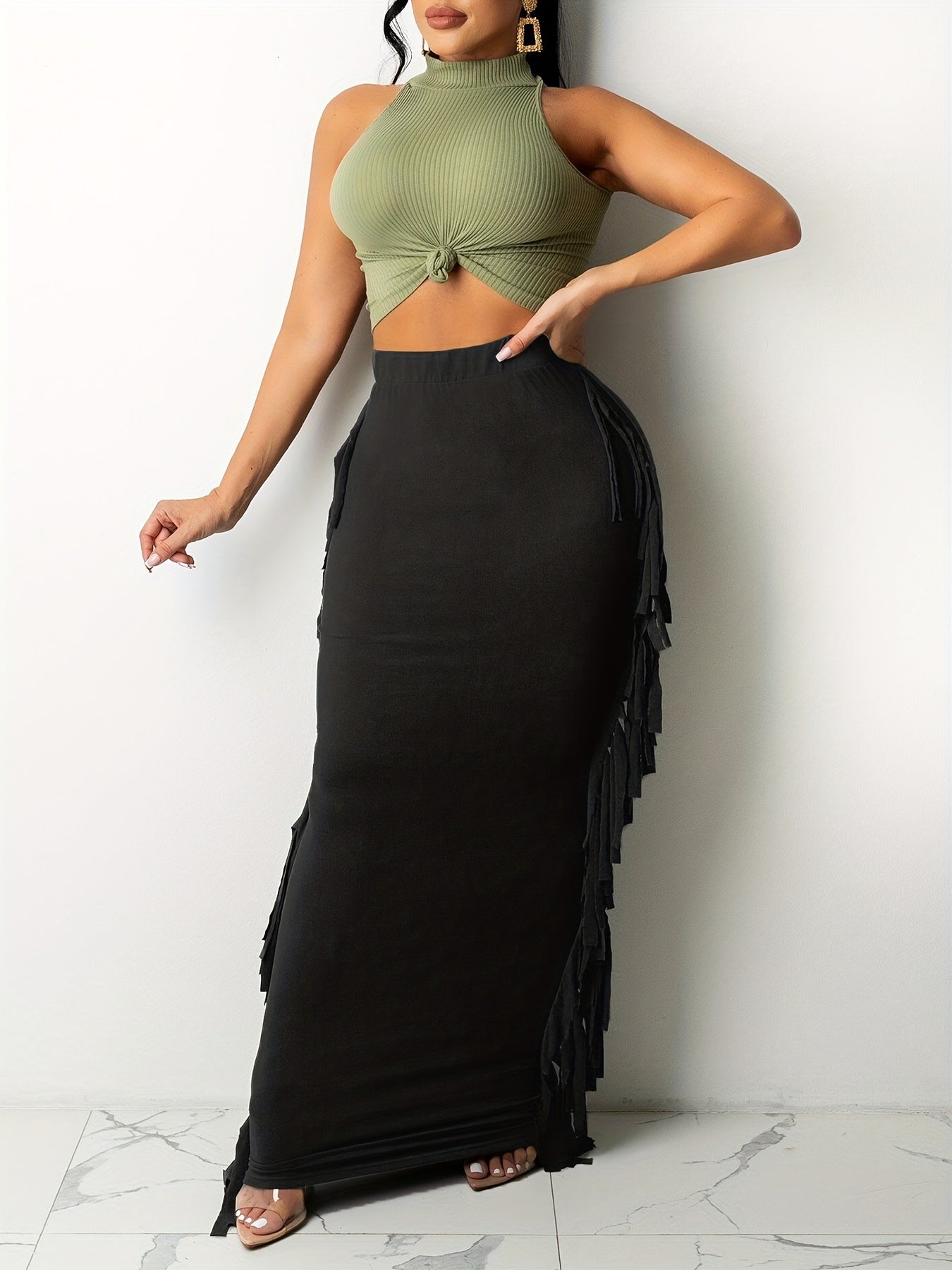Solid Tassel Trim Maxi Midi Skirt