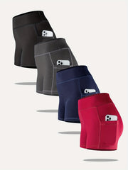 4pcs Women's High Stretch Yoga Sports Shorts With Side Pocket