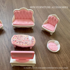 Pink Villa Doll Furniture Playhouse Set Mini Toys Ornaments Decorations