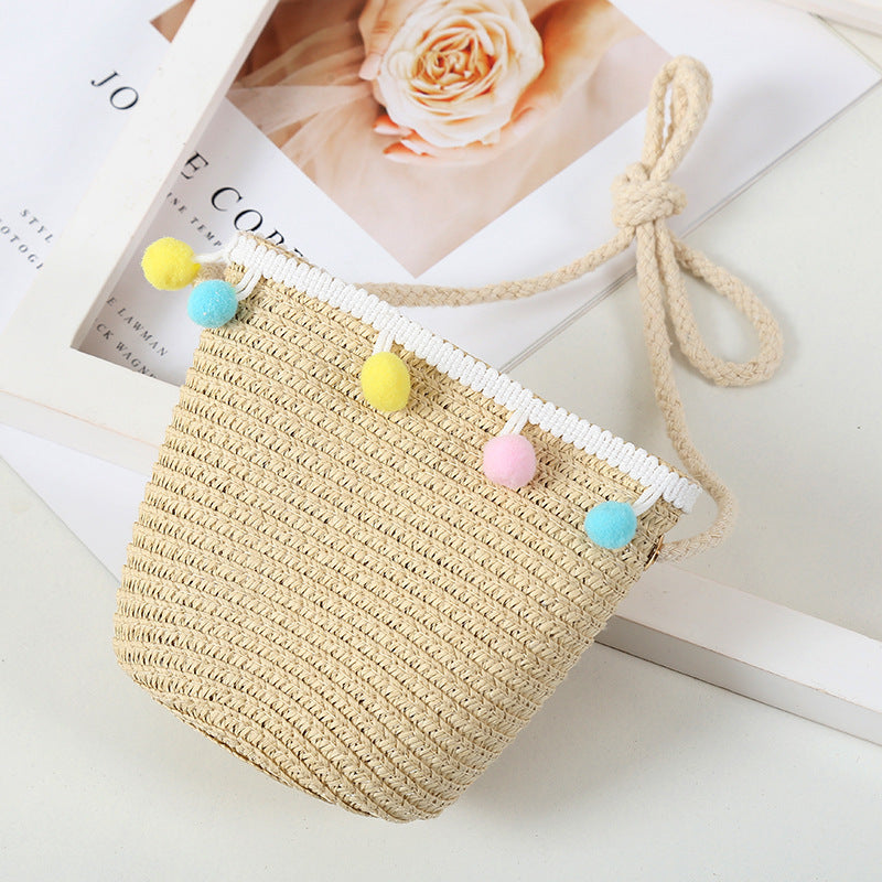Girls Colorful Pompom Ball Straw Hat Wide Brim Sun Hat Beach Cap